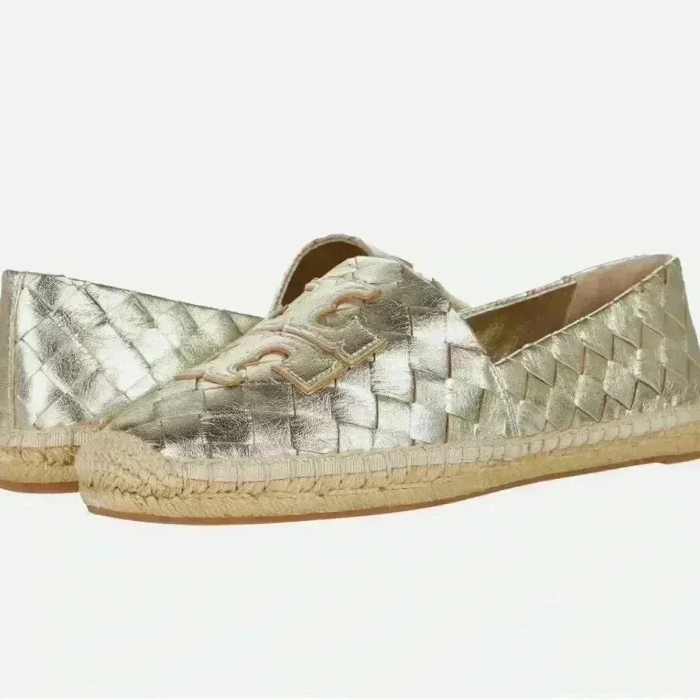 TORY BURCH Woven Leather Espadrille Flats 5 Loafer Gold Metallic Leather Ines